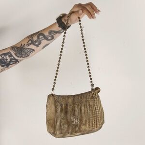 Rare Vintage 2000s Sonia Ryikel Rhinestone Logo Gold Metal Knit Clutch Purse Bag